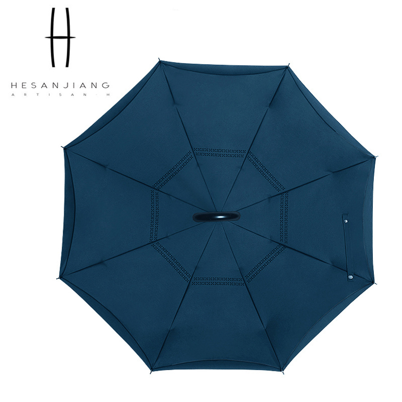 High quality blue pongee fabric auto open c hook inverted umbrella double layer reverse umbrella