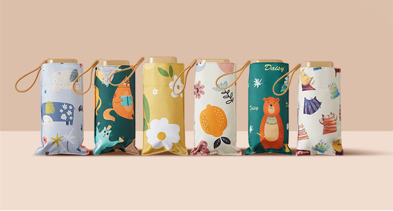 Hot selling mini sunny and rainy umbrella pocket colorful flower animals printed umbrellas for kids