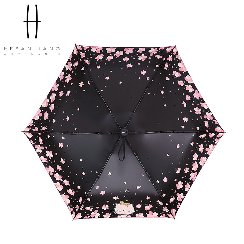 Cheap high quality windproof five folding mini umbrella cute cartoon cat and flower decorated umbrellas