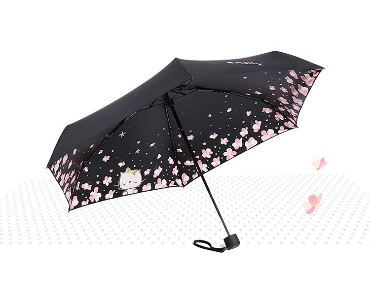 Cheap high quality windproof five folding mini umbrella cute cartoon cat and flower decorated umbrellas