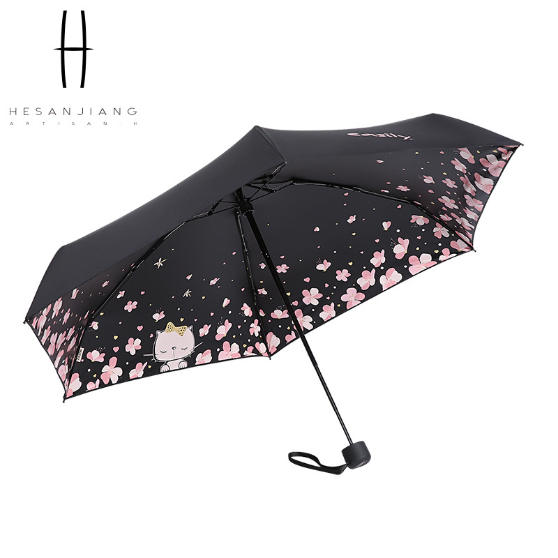 Cheap high quality windproof five folding mini umbrella cute cartoon cat and flower decorated umbrellas