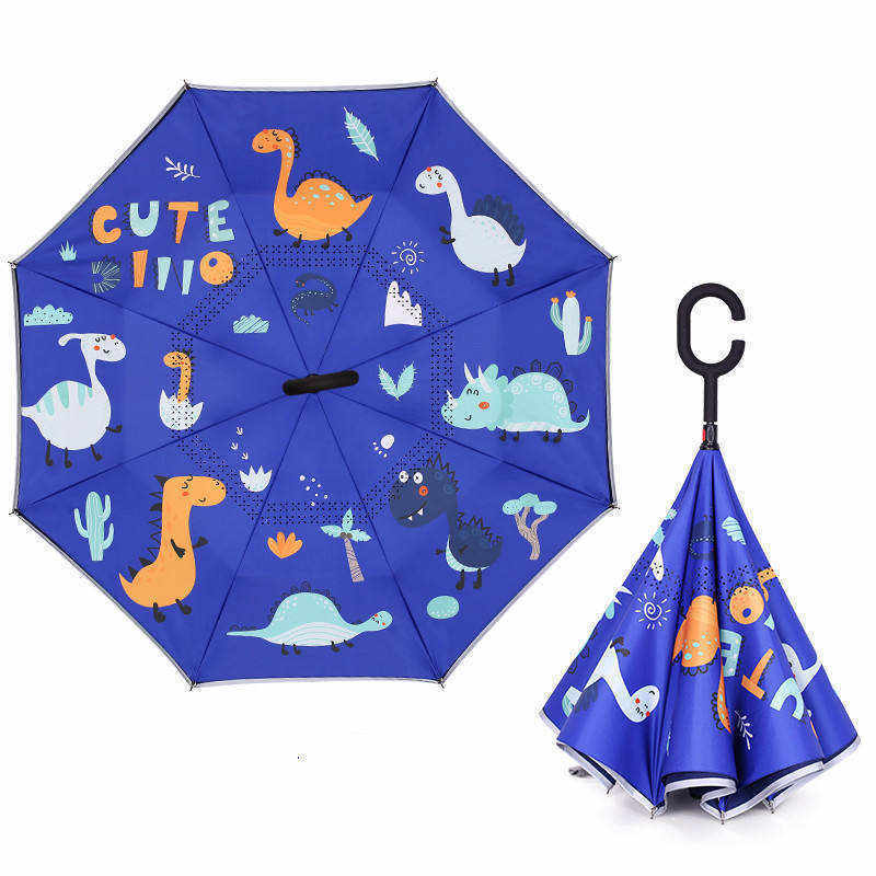 Cute Cartoon Pattern Inverted Umbrella With Logo Folding Automatic Reversible Umbrella With C Handle