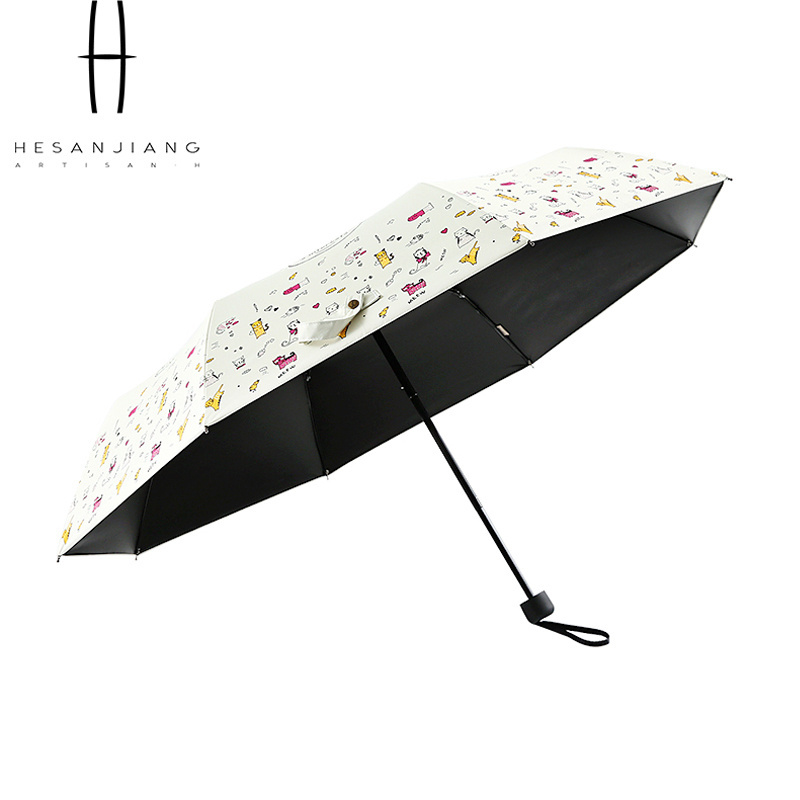 Modern Style Cute Cat Printed Personal Foldable Sun Umbrellas Manual Open 3 Folding Umbrellas For Summer