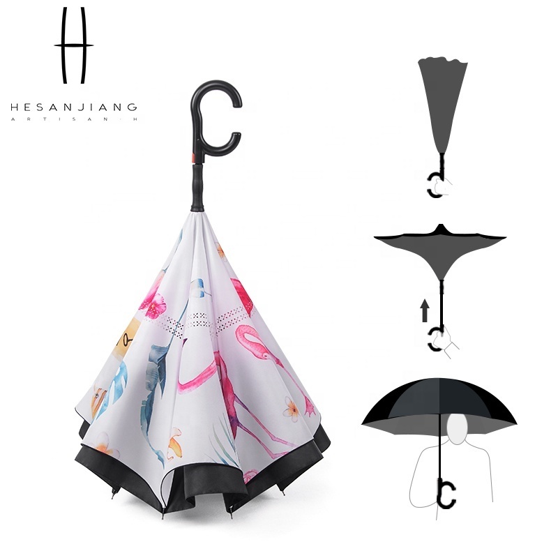 easily stock wholesale 25inch large automatic open double layer reverse inverted umbrella with c-shaped handle