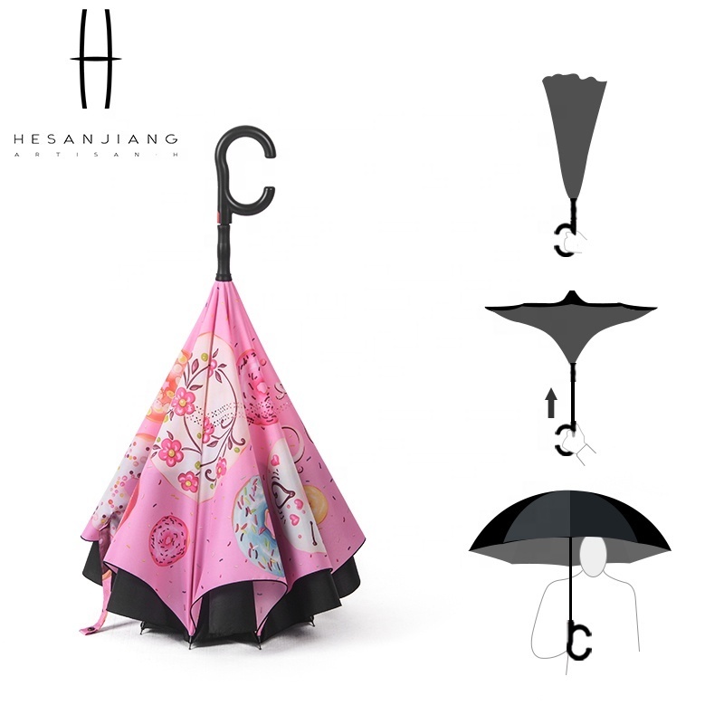 easily stock wholesale 25inch large automatic open double layer reverse inverted umbrella with c-shaped handle