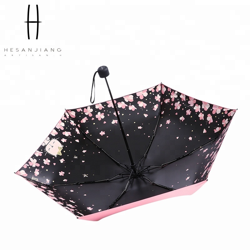 Ladies umbrella small ultra lightweight manual open mini 5 fold umbrella with UV black coating