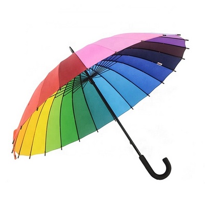 Wholesale High Quality Creative 24K Straight Rainbow Umbrella with hook Handle