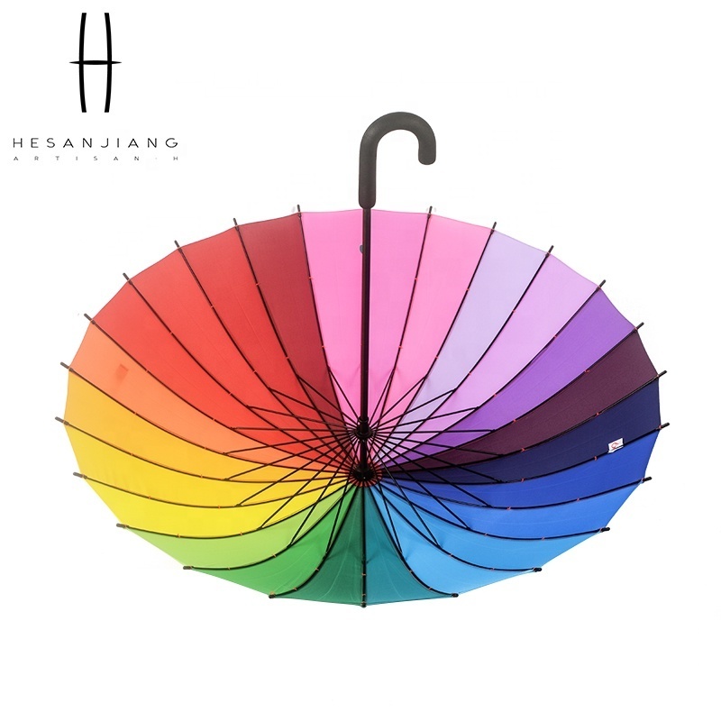 Wholesale High Quality Creative 24K Straight Rainbow Umbrella with hook Handle