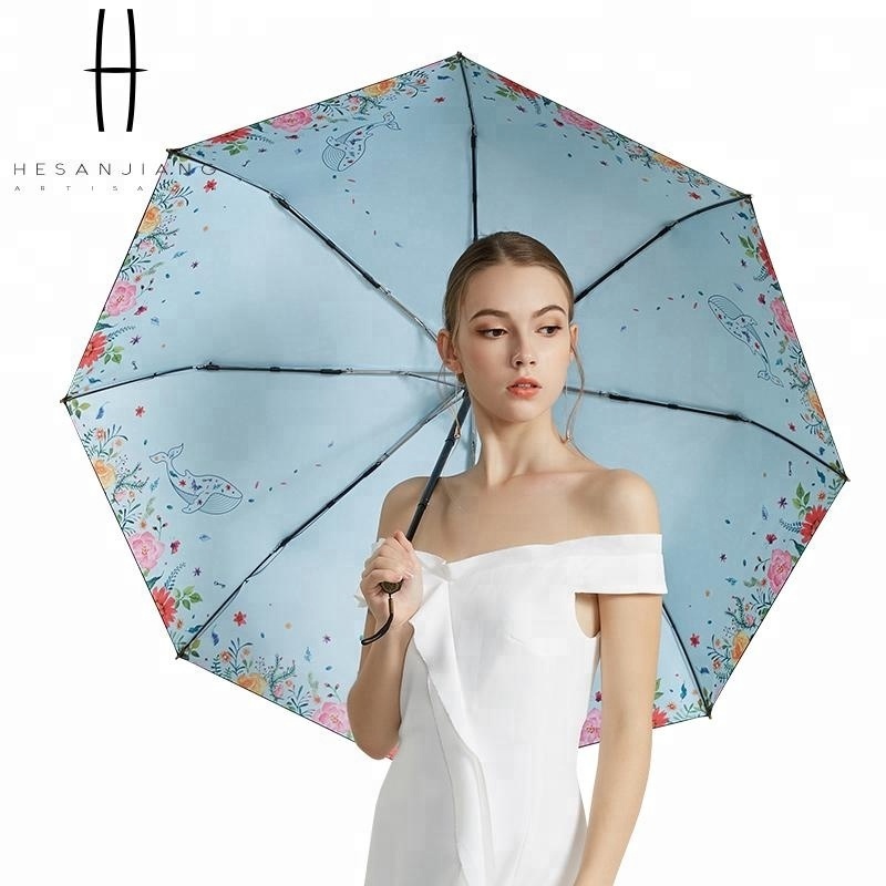 High quality 3 folding manual umbrella floral pattern UV coating umbrella sun umbrella for ladies