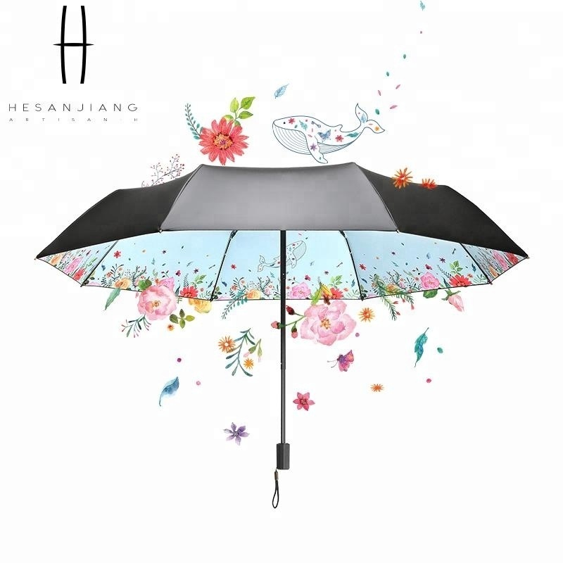 High quality 3 folding manual umbrella floral pattern UV coating umbrella sun umbrella for ladies