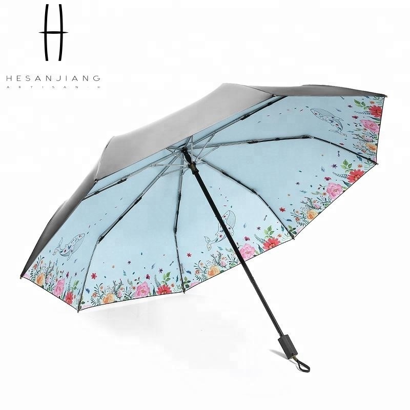 High quality 3 folding manual umbrella floral pattern UV coating umbrella sun umbrella for ladies