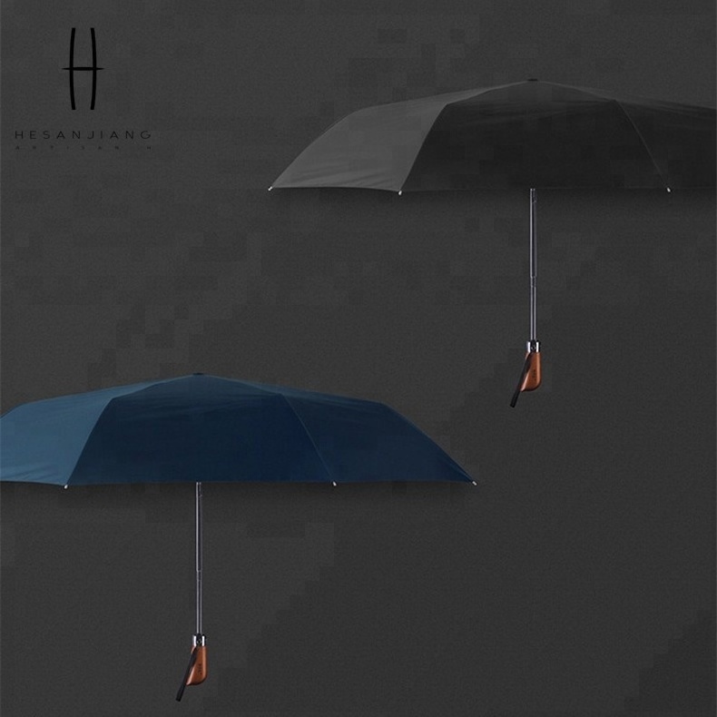 Foldable mens umbrella  wooden handle automatic open umbrella 3 fold carving logo