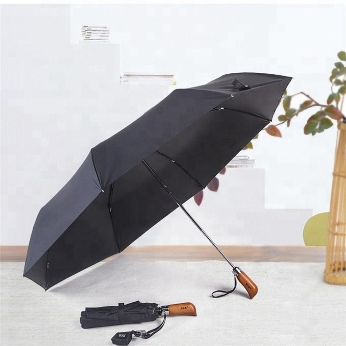 Foldable mens umbrella  wooden handle automatic open umbrella 3 fold carving logo