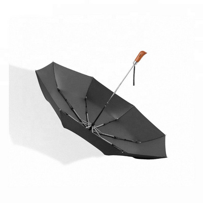 Foldable mens umbrella  wooden handle automatic open umbrella 3 fold carving logo