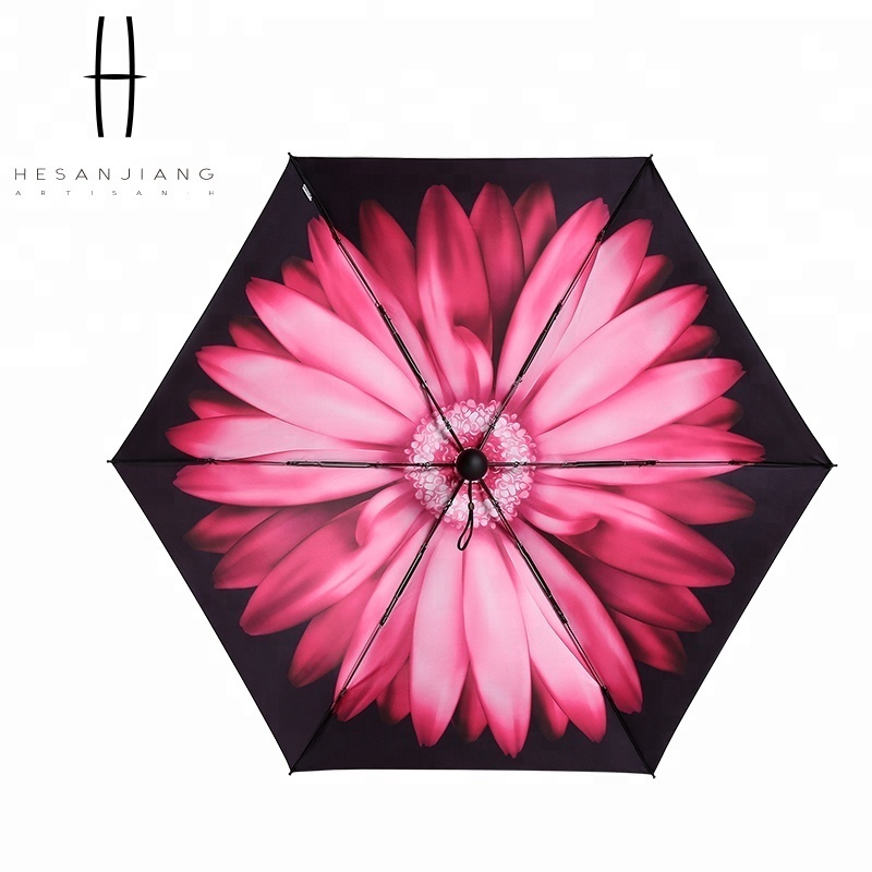 Lightweight parasol super mini uv coating sun umbrella 5 folding capsule umbrella with red flower printing