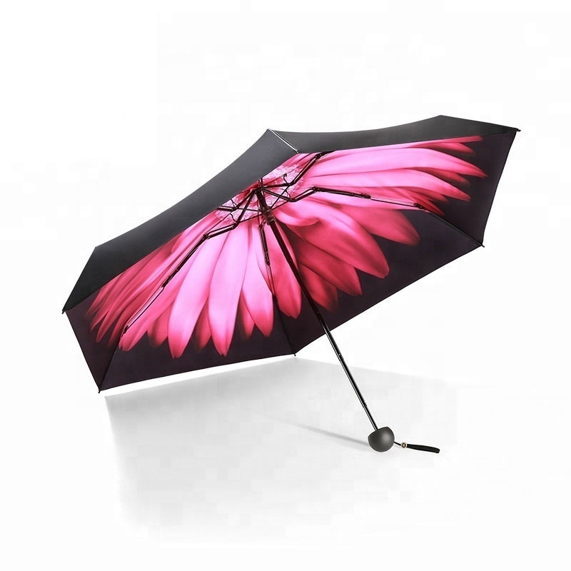 Lightweight parasol super mini uv coating sun umbrella 5 folding capsule umbrella with red flower printing