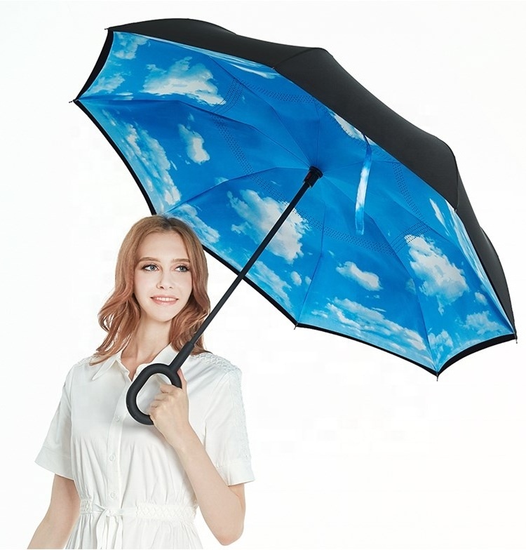 Wholesale manual open reverse inverted umbrella double layer pongee fabric C shape handle umbrella