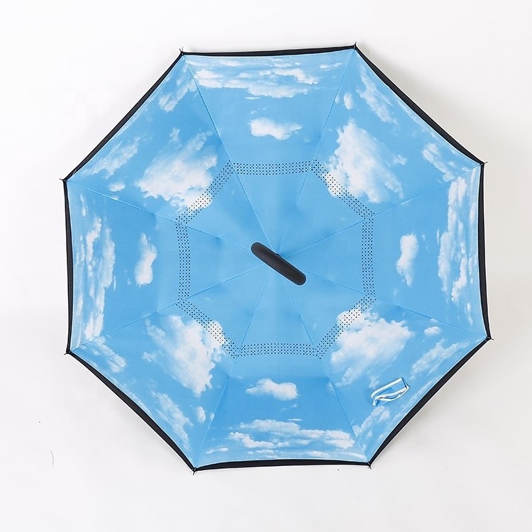 Wholesale manual open reverse inverted umbrella double layer pongee fabric C shape handle umbrella