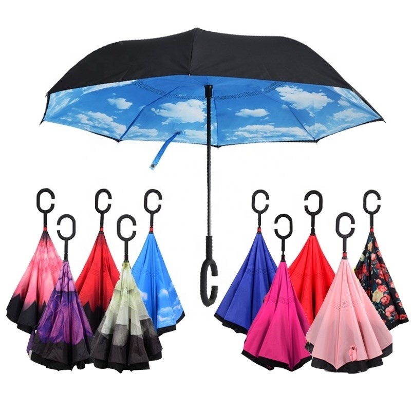 Wholesale manual open reverse inverted umbrella double layer pongee fabric C shape handle umbrella