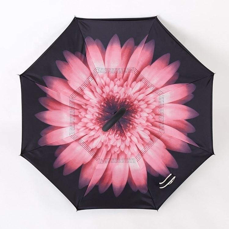 Wholesale manual open reverse inverted umbrella double layer pongee fabric C shape handle umbrella