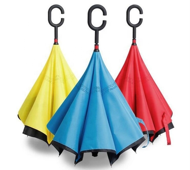 Wholesale cheap plain pongee fabric inverted umbrella with C handle inverted umbrella inside out umbrella