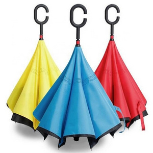 Wholesale cheap plain pongee fabric inverted umbrella with C handle inverted umbrella inside out umbrella