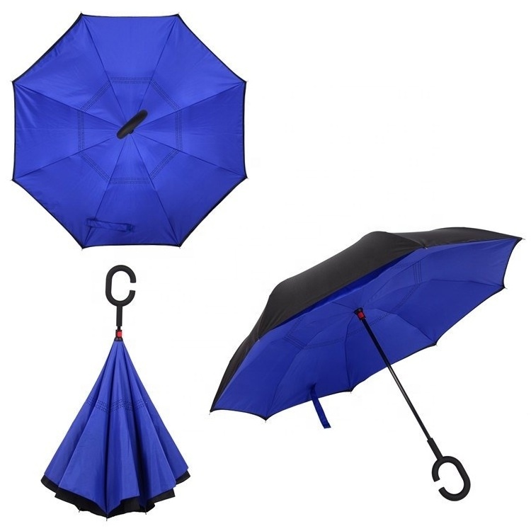 Wholesale cheap plain pongee fabric inverted umbrella with C handle inverted umbrella inside out umbrella