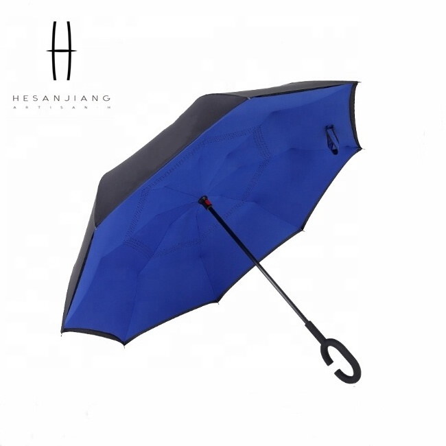 Wholesale cheap plain pongee fabric inverted umbrella with C handle inverted umbrella inside out umbrella