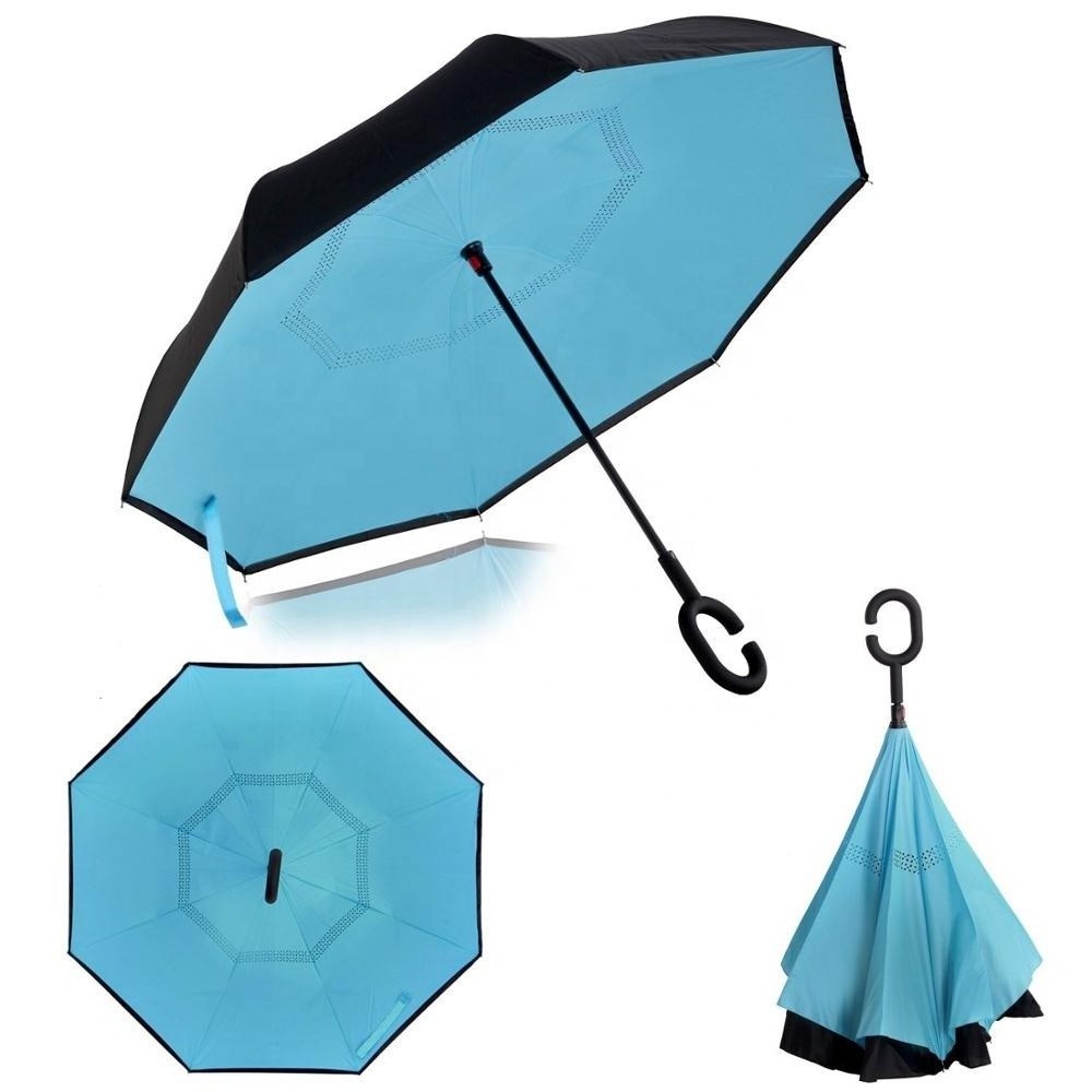 Wholesale cheap plain pongee fabric inverted umbrella with C handle inverted umbrella inside out umbrella