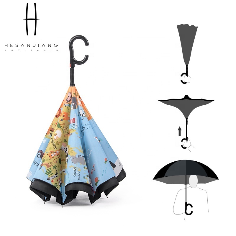 easily stock wholesale 25inch large automatic open double layer reverse inverted umbrella with c-shaped handle