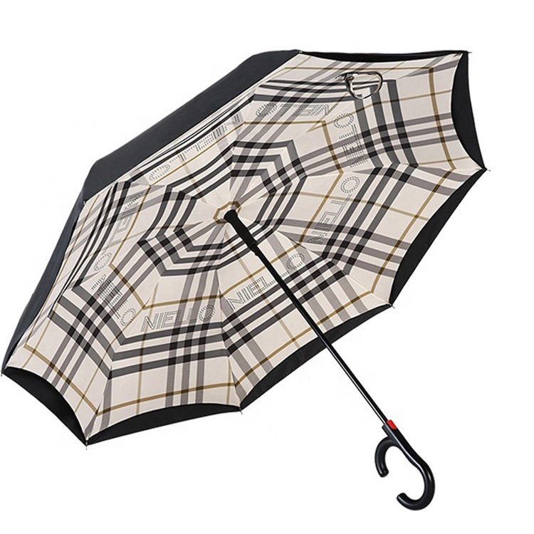 Classic retro style striped print double layer reverse umbrella travel windproof umbrella for adults