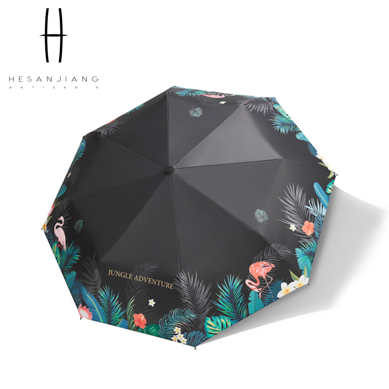 Black UV Coating Foldable Sun Umbrella 3 Fold Sun Protection Parasol With Custom Logo For Lady