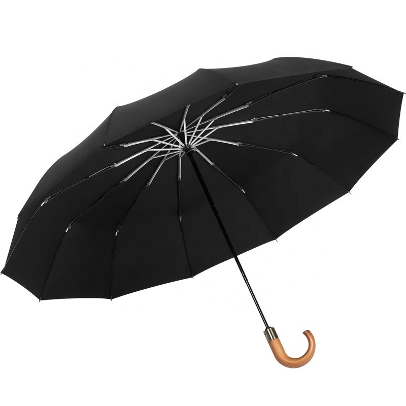 High quality auto open folding umbrella with hook wooden handle wind proof business rain umbrella