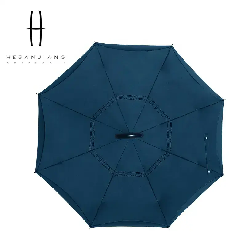 Multi ribs windproof reversible umbrella with c handle solid color double layer umbrellas for the rain waterproof