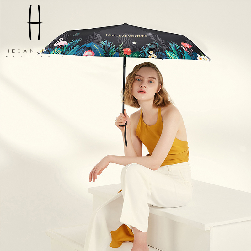 Black UV Coating Foldable Sun Umbrella 3 Fold Sun Protection Parasol With Custom Logo For Lady