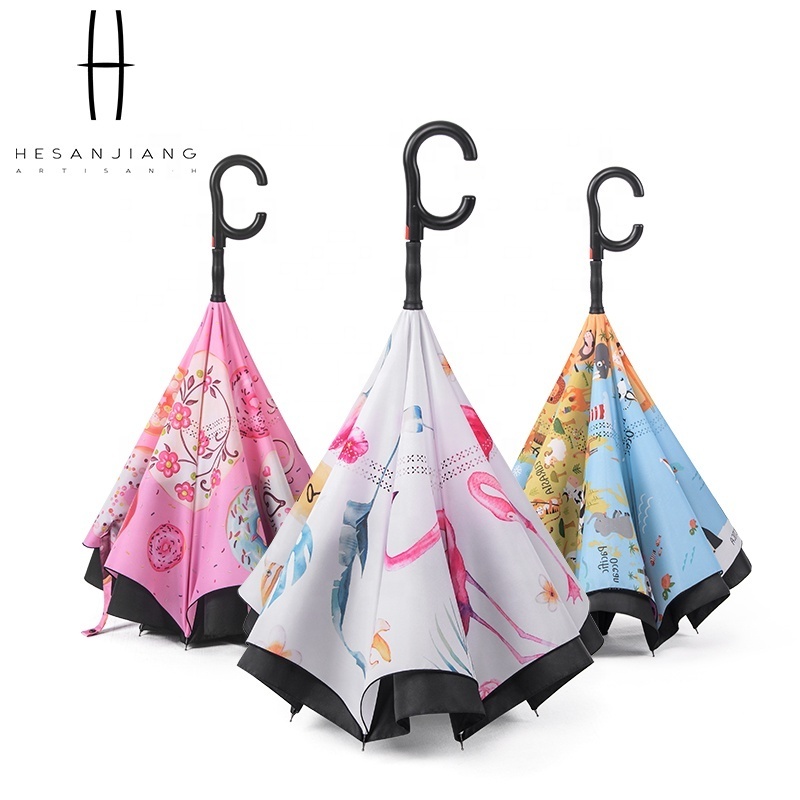 easily stock wholesale 25inch large automatic open double layer reverse inverted umbrella with c-shaped handle