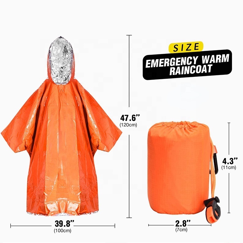 Emergency Survival Rain Hot Poncho Thermal Survival Space Blanket Thermal Raincoat Heat Reflective Waterproof for Camping Hiking