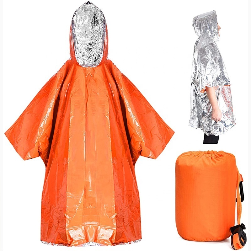 Emergency Survival Rain Hot Poncho Thermal Survival Space Blanket Thermal Raincoat Heat Reflective Waterproof for Camping Hiking