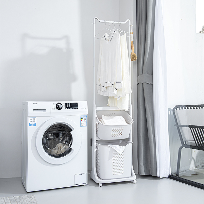 Rolling Plastic Laundry Basket with hanger rack Laundry Hamper Basket Butler Cart with Wheels and Hanging Rack