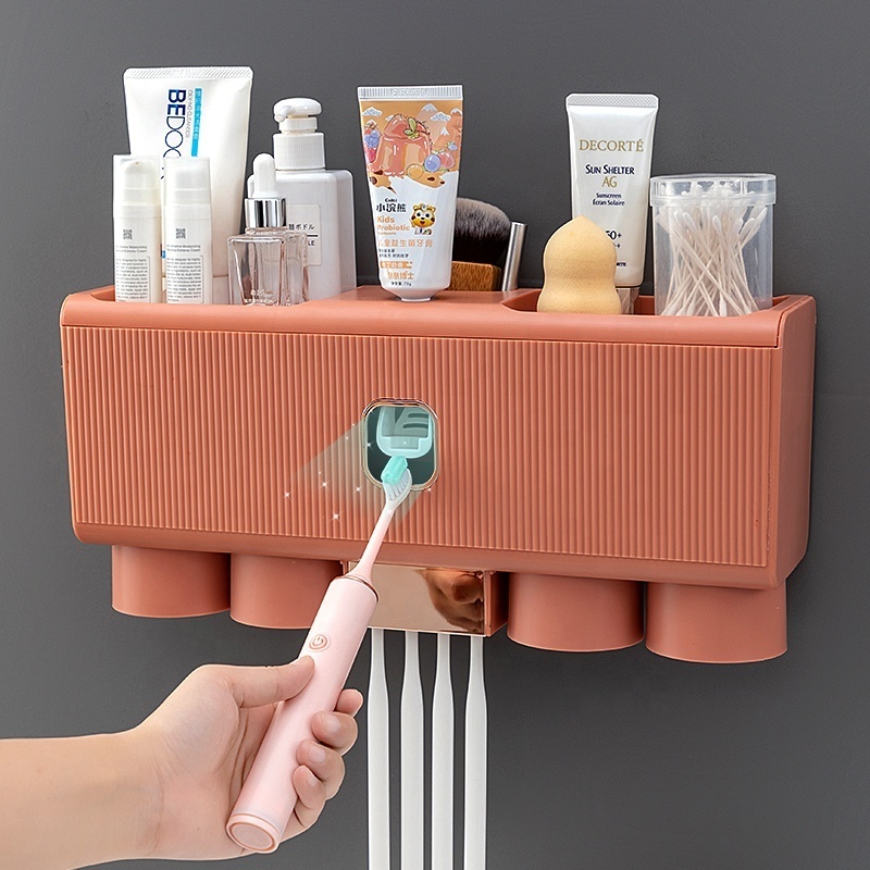 Bathroom Storage Rack Wall-mounted Plastic Toothbrush Holder And Automatic Toothpaste Dispenser With Cup