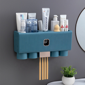 Bathroom Storage Rack Wall-mounted Plastic Toothbrush Holder And Automatic Toothpaste Dispenser With Cup