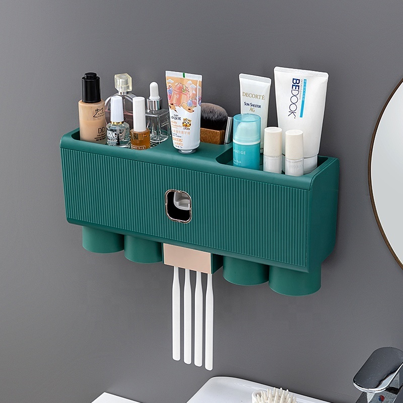 Bathroom Storage Rack Wall-mounted Plastic Toothbrush Holder And Automatic Toothpaste Dispenser With Cup