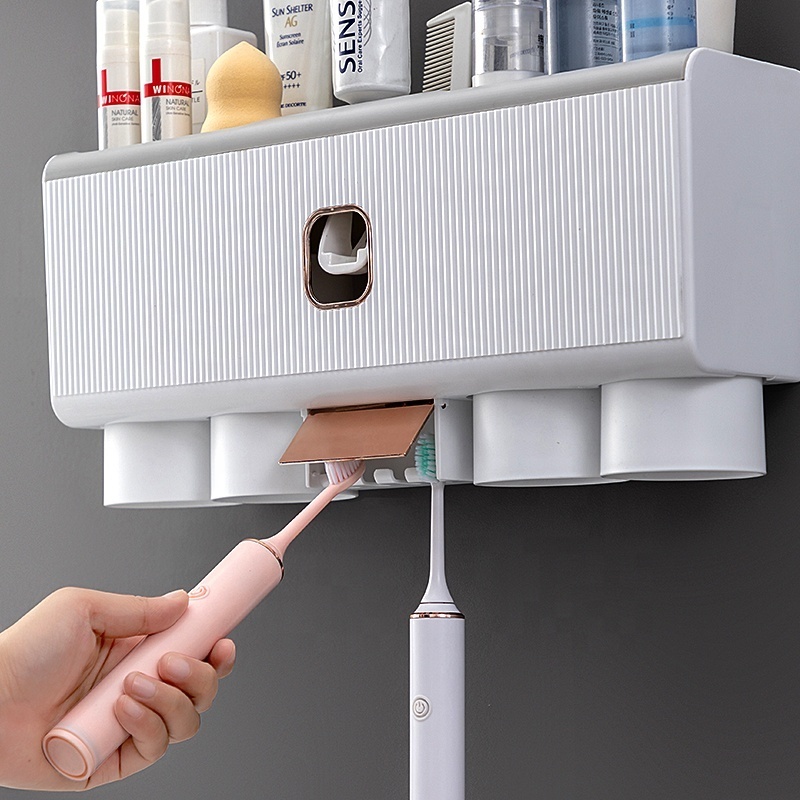 Bathroom Storage Rack Wall-mounted Plastic Toothbrush Holder And Automatic Toothpaste Dispenser With Cup