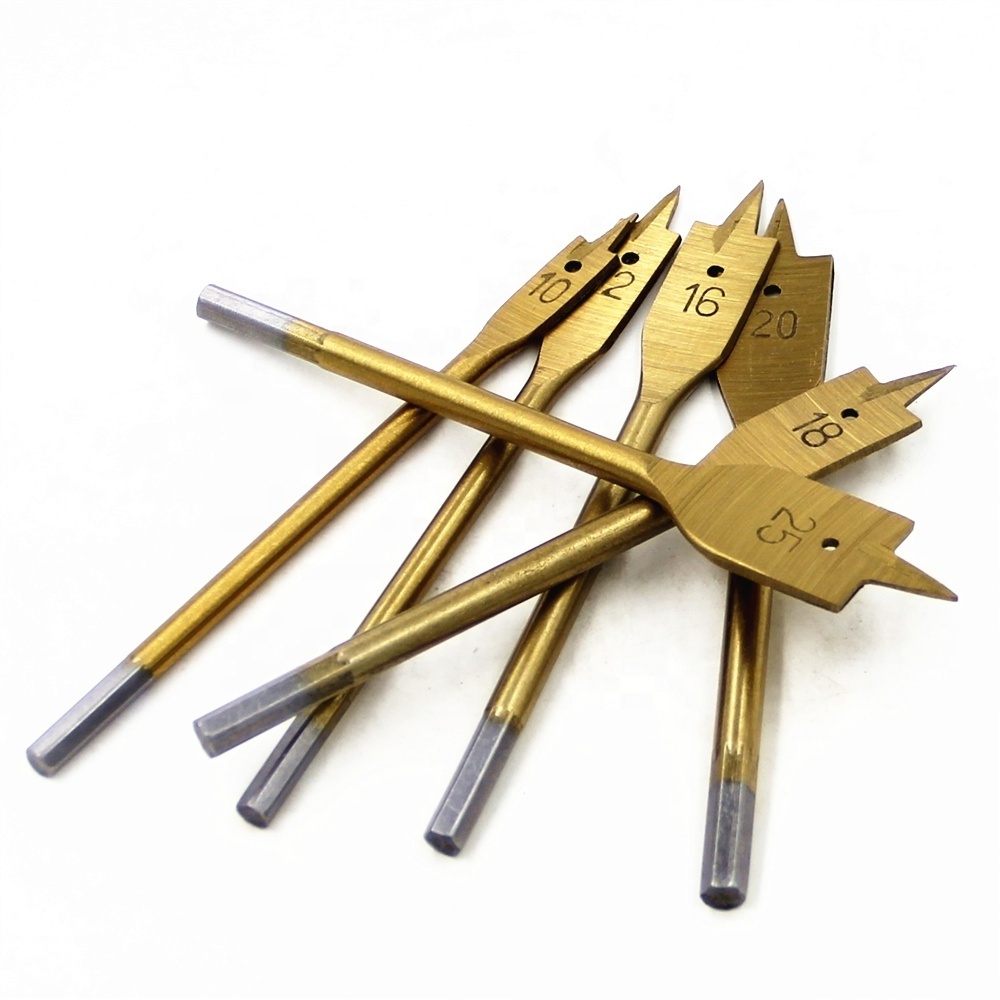 6pcs Universal hex shank Titanium plating sharp tip wood flat spade drill bits for carpenter hand drilling tools