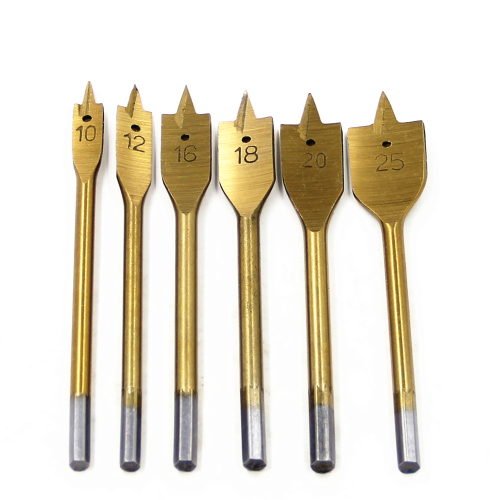 6pcs Universal hex shank Titanium plating sharp tip wood flat spade drill bits for carpenter hand drilling tools