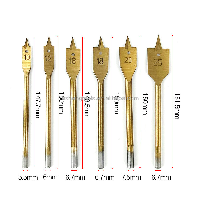 6pcs Universal hex shank Titanium plating sharp tip wood flat spade drill bits for carpenter hand drilling tools