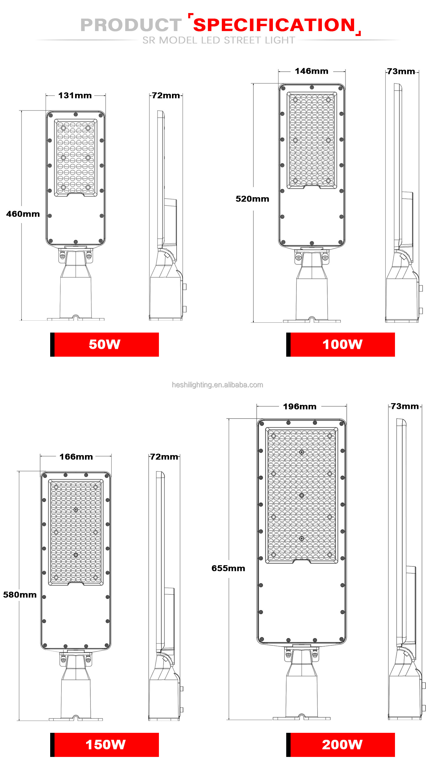 HESHI Factory Direct  Ac Road Lighting 50 100 150 200 watts Aluminum Die Casting Waterproof Ip65 Outdoor Led Street Lights Lamp