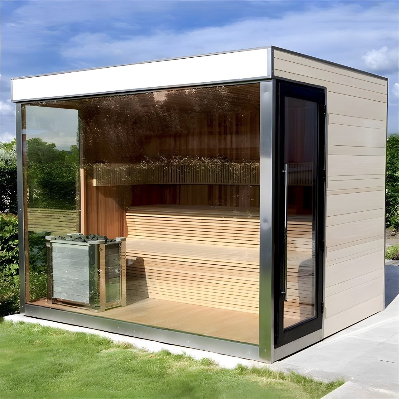 Modern Design 1-2 Person Hemlock Solid Wood Outdoor Sauna Room With Cross Windows And Porch