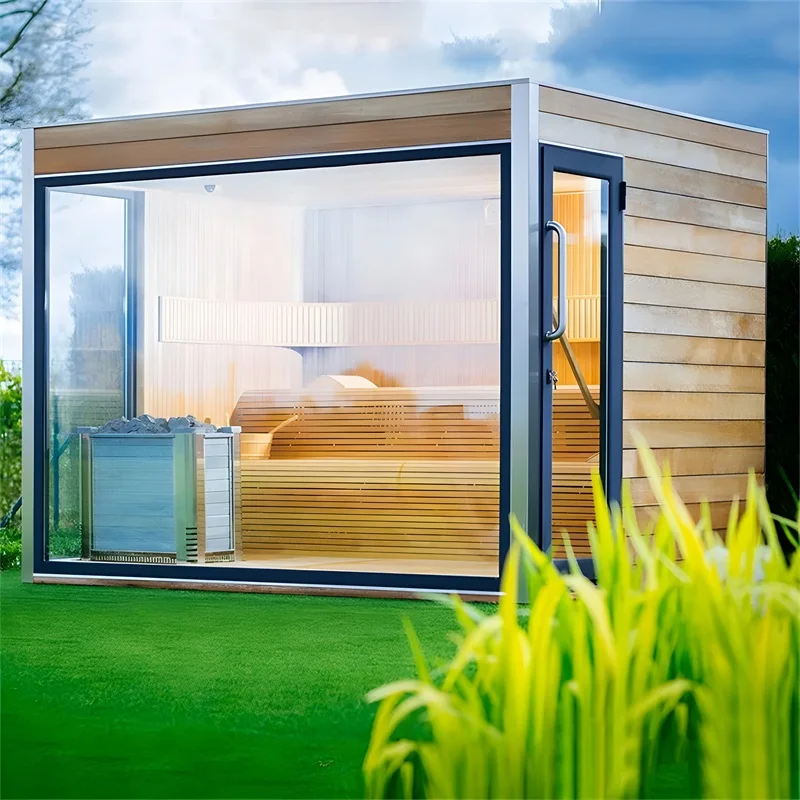 Modern Design 1-2 Person Hemlock Solid Wood Outdoor Sauna Room With Cross Windows And Porch