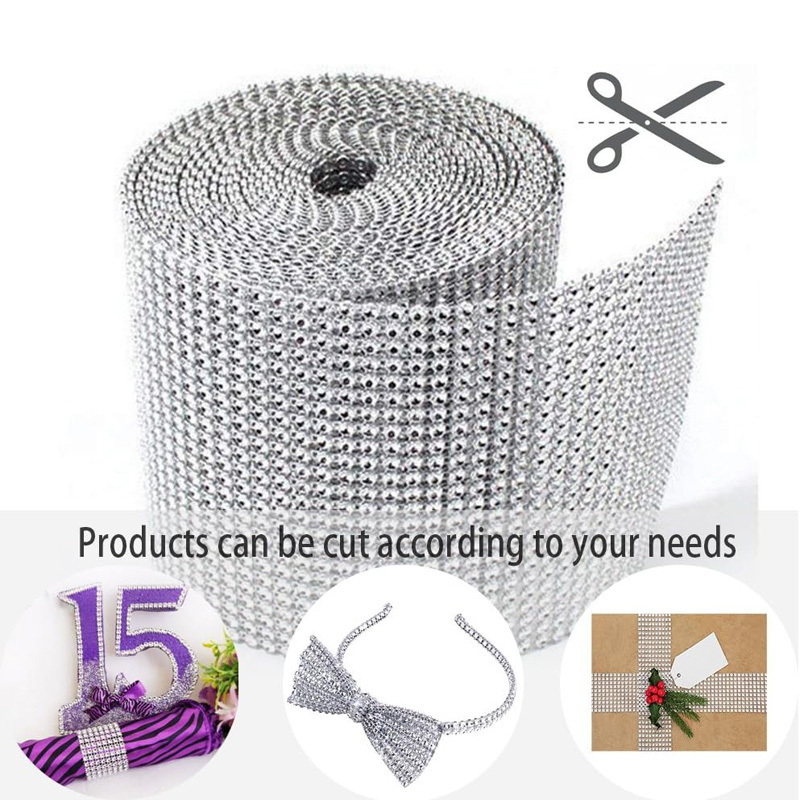 Plastic Bling Rhinestone Diamond Mesh Ribbon Wrap Silver Acrylic Wrap  for Wedding Cake Vase Decorations Party Supplies 60Ft